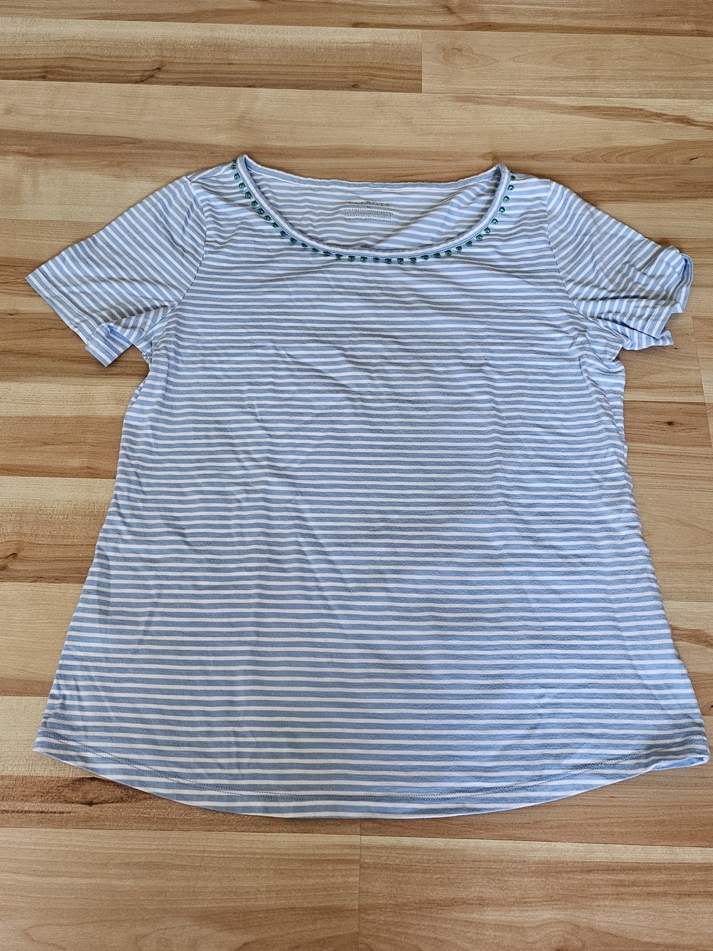 Talbots Blue and White Striped Short Sleeve Scoop Neck Top with Beaded Trim